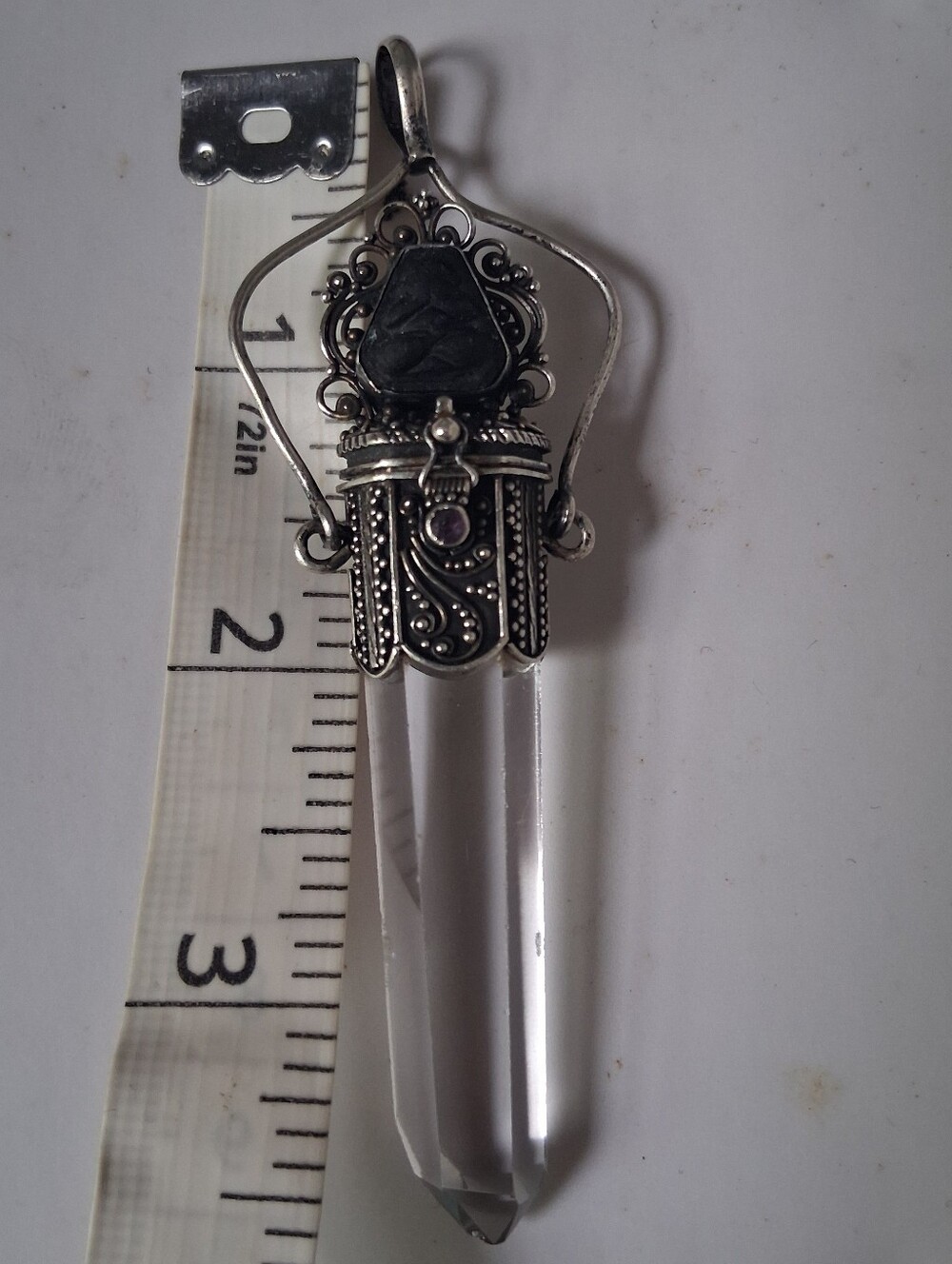 Sterling-Style Clear Quartz Point Pendant with Amethyst Stone Accent